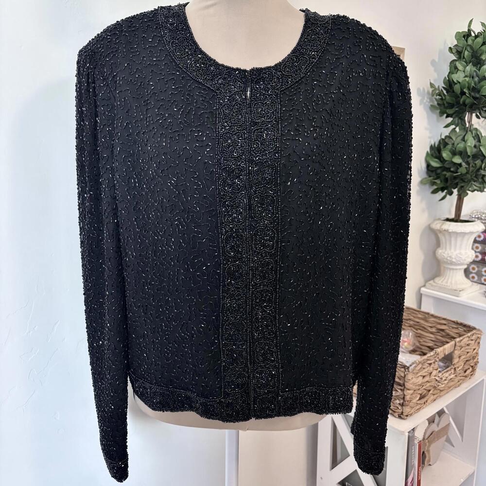 Vintage Laurence Kazar 100% Silk Beaded Short Jacket XL